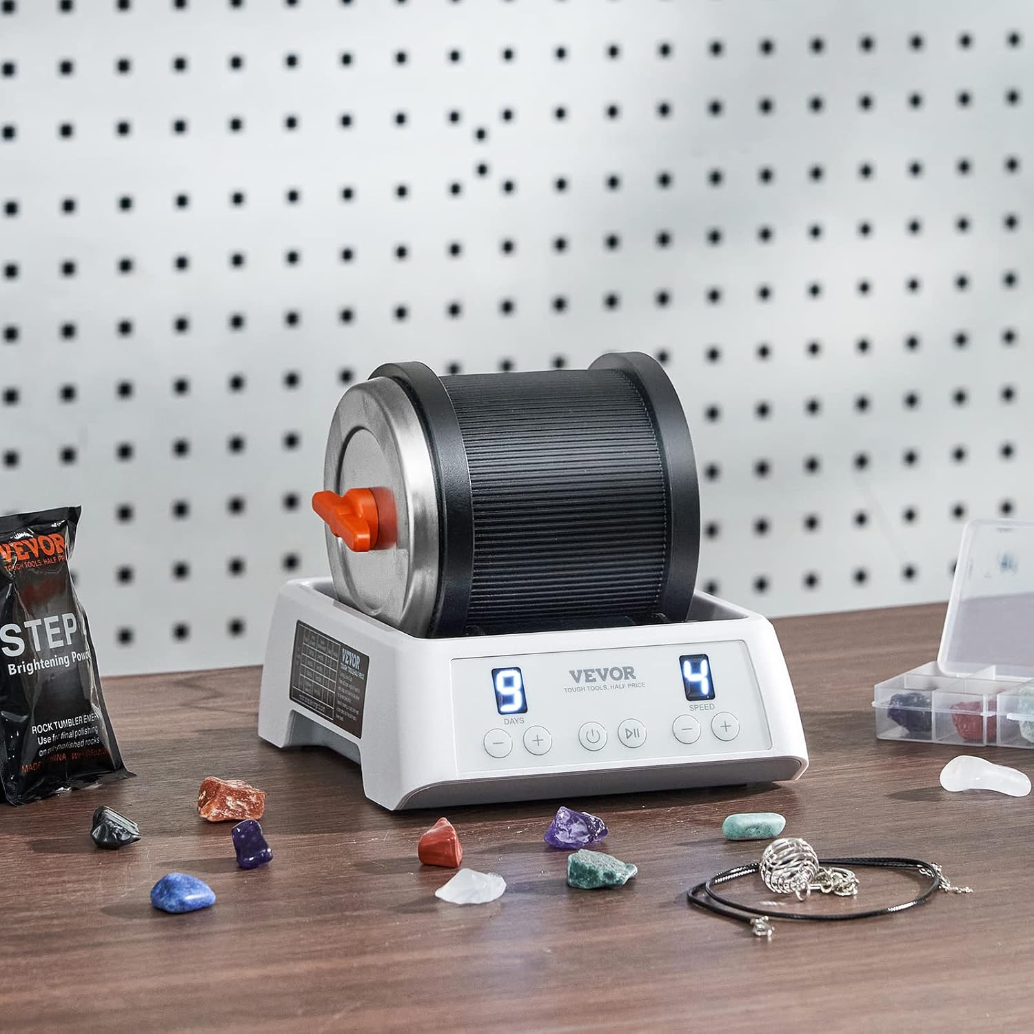 VEVOR Direct Drive Rock Tumbler Kit, 4-Speed, 9-Day Timer, Rock Polisher with Gemstones & Grits D2658