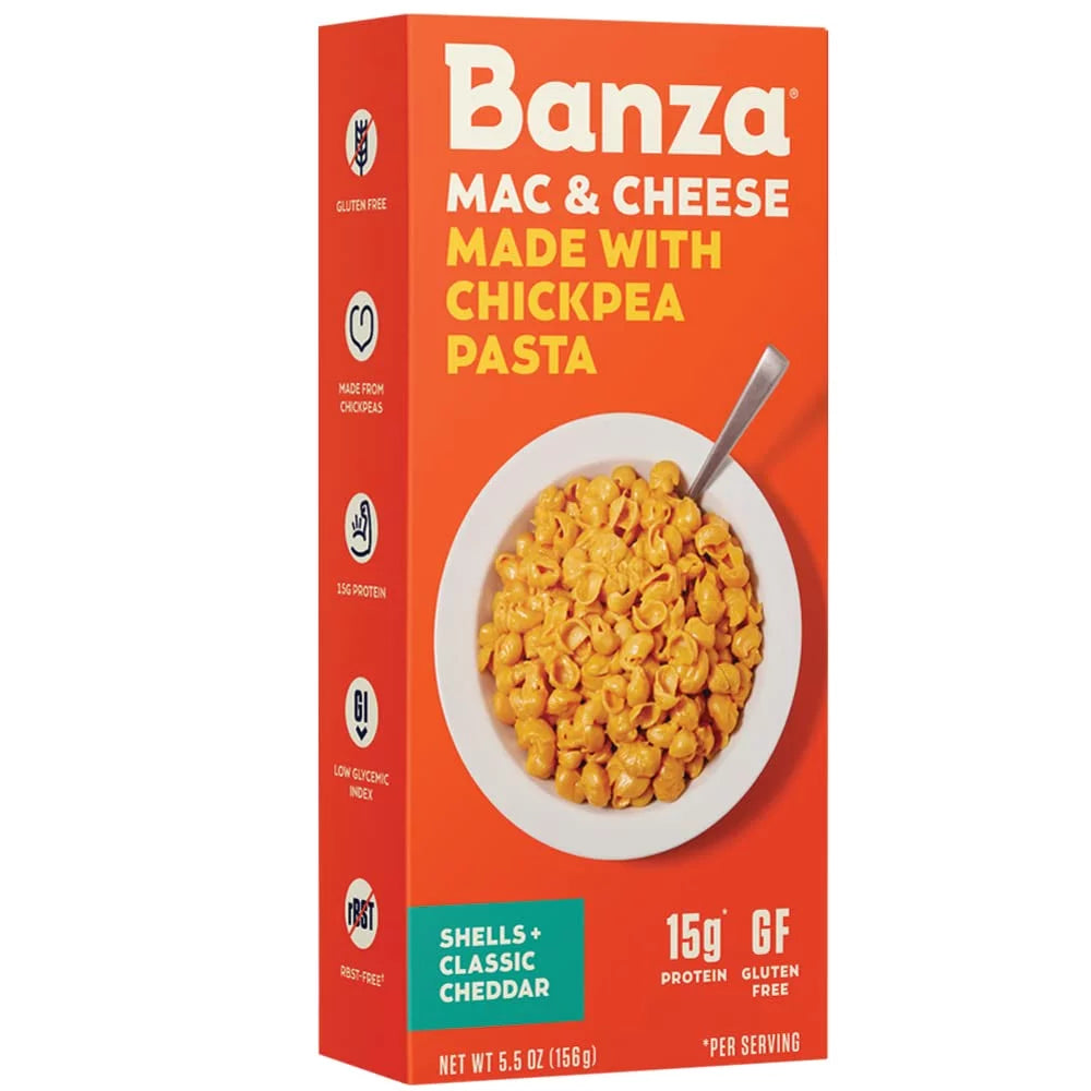 Banza Mac & Cheese, 5.5 oz Shelf Stable Box Packaged Meal, with Chickpea Shells