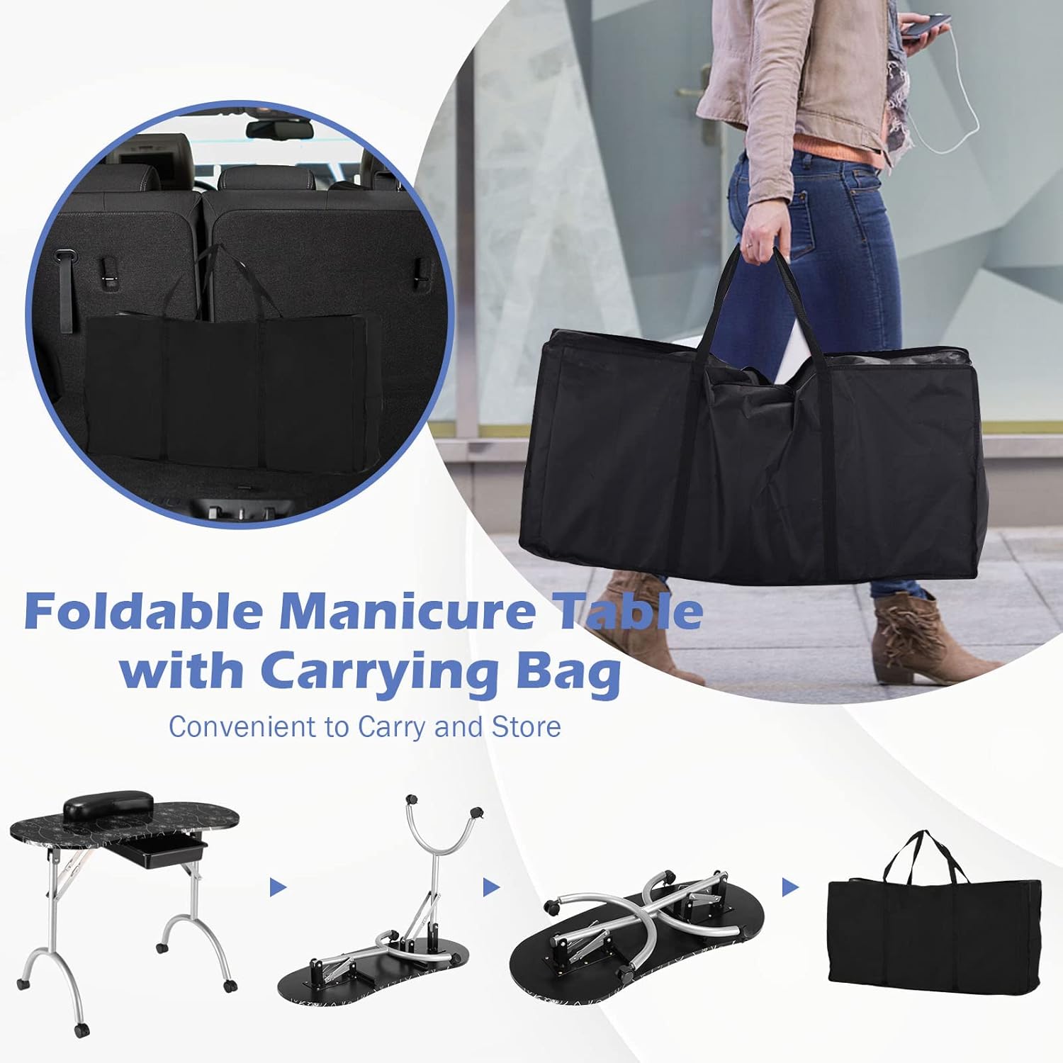 Giantex Portable Manicure Table with Drawer, Wrist Rest, Lockable Casters, Carrying Bag, Black R745771