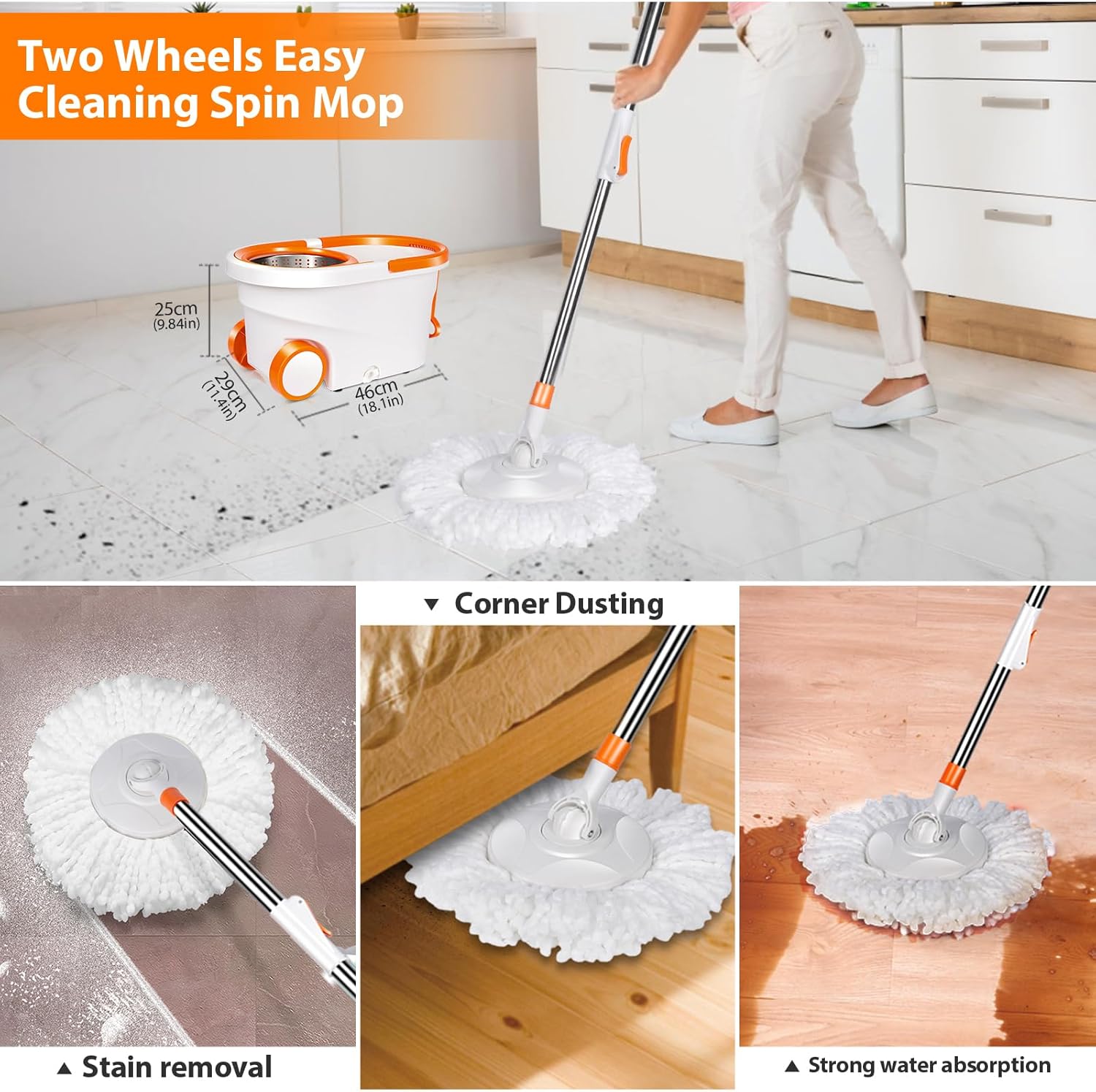 MASTERTOP Spin Mop & Bucket with Wringer, Stainless Steel, 7 Microfiber Refills L7177