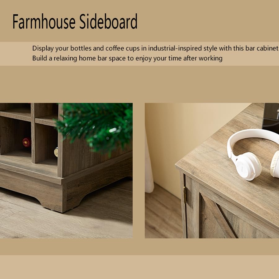 Farmhouse Coffee Bar Cabinet with Sliding Barn Door, Gray Wash O551