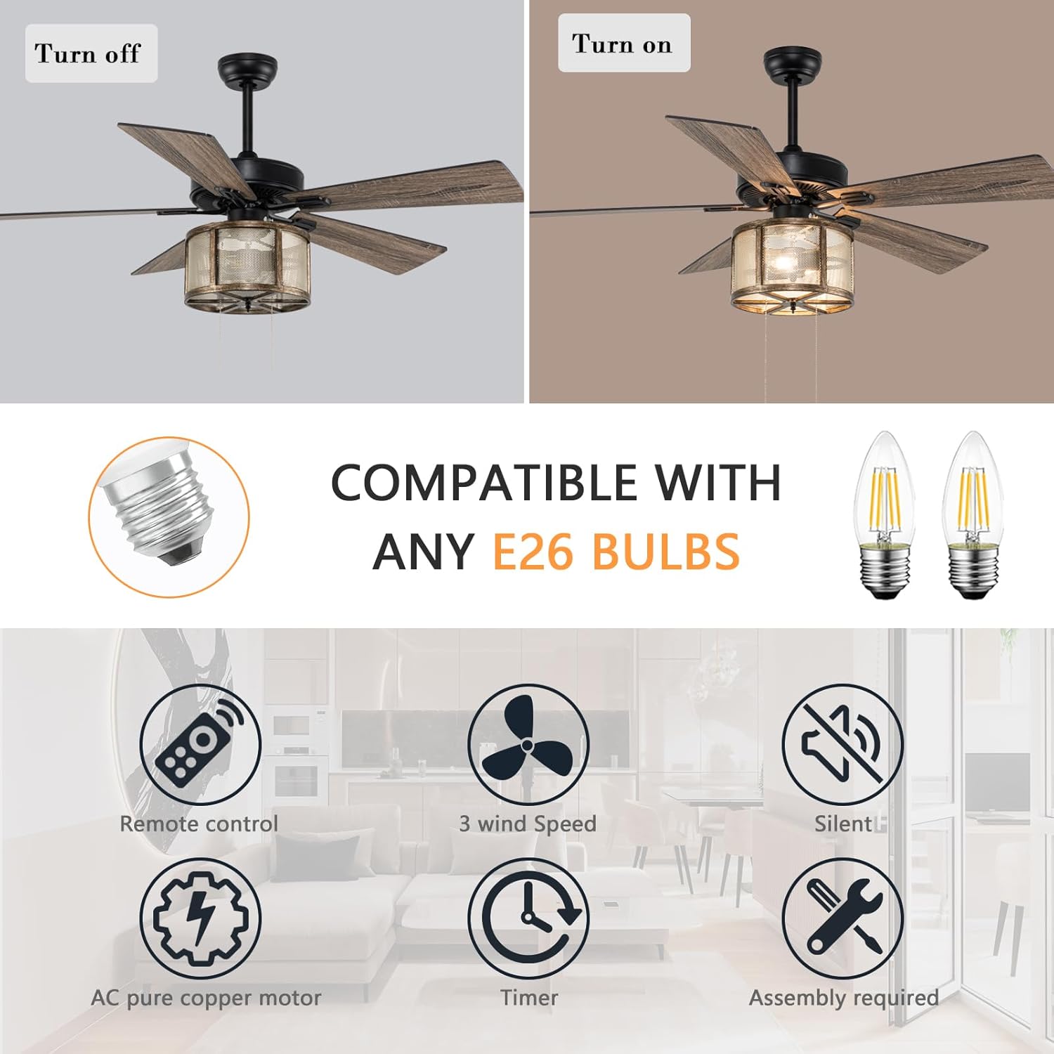52" Farmhouse Ceiling Fan with Lights and Remote, Matte Black B733