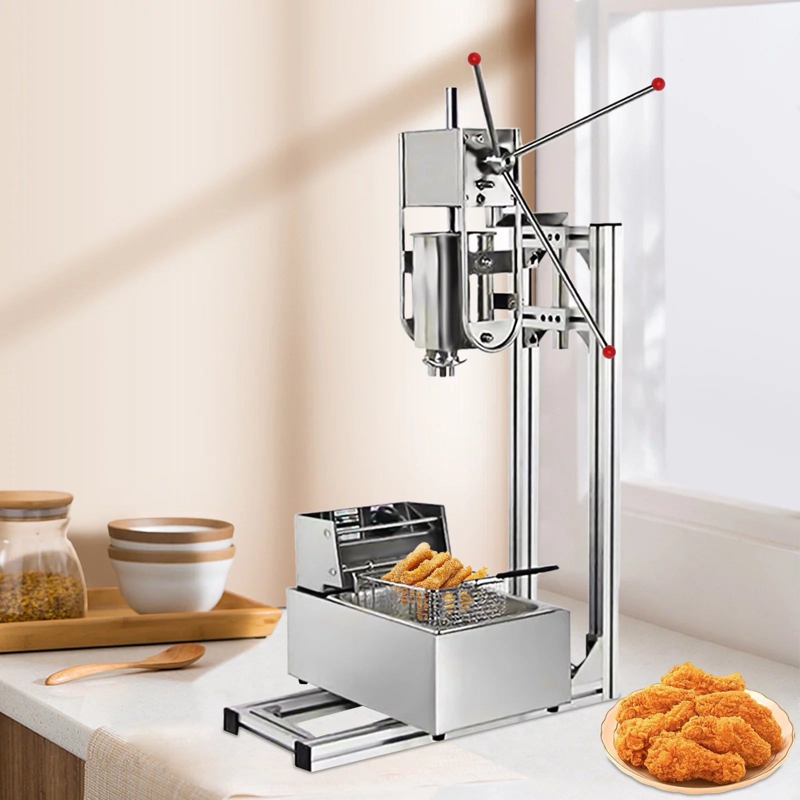 Miumaeov Churros Machine Manual Stainless Steel Vertical Sausage Stuffer with Fryer 2 in 1 Sausage Maker Spanish Churro Maker Commercial Home Spanish Churrera Maker 12L Fryer