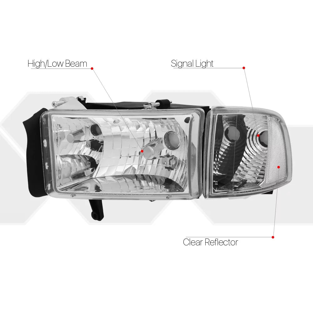 Chrome Housing Headlight Clear Corner Turn Signal for 94-02 Dodge Ram R31640