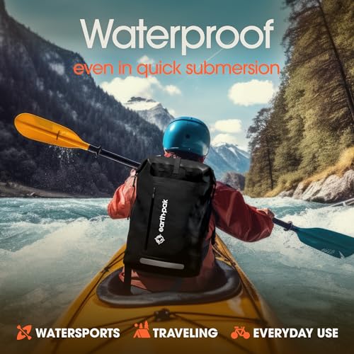 Earth Pak Waterproof Backpack Roll-Top Hiking Dry Bag with Phone Case, Black 35L L5072