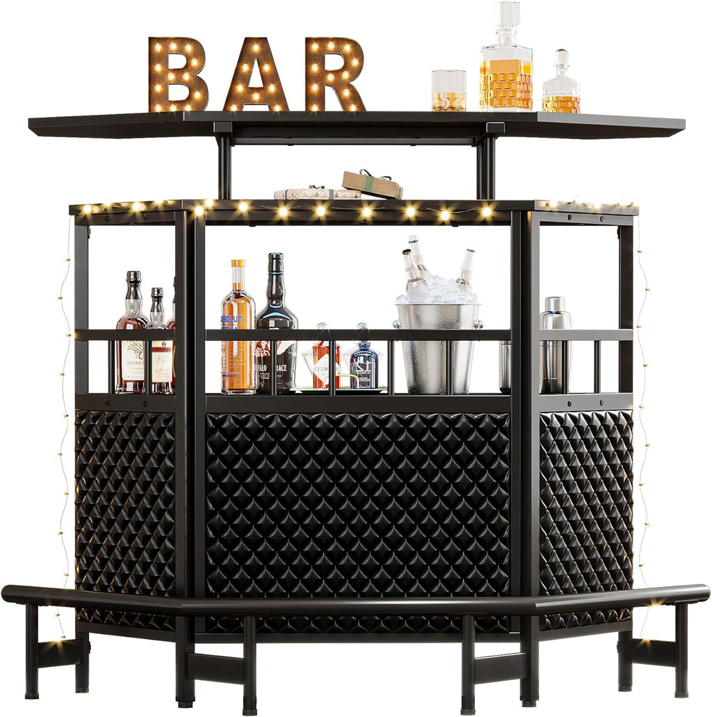 Bar Unit for Liquor, 4 Tier Home Bar Cabinet with Stemware Rack, Storage Shelf and Footrest, 47.24" L x 20.86" W x 43.3" H, Black