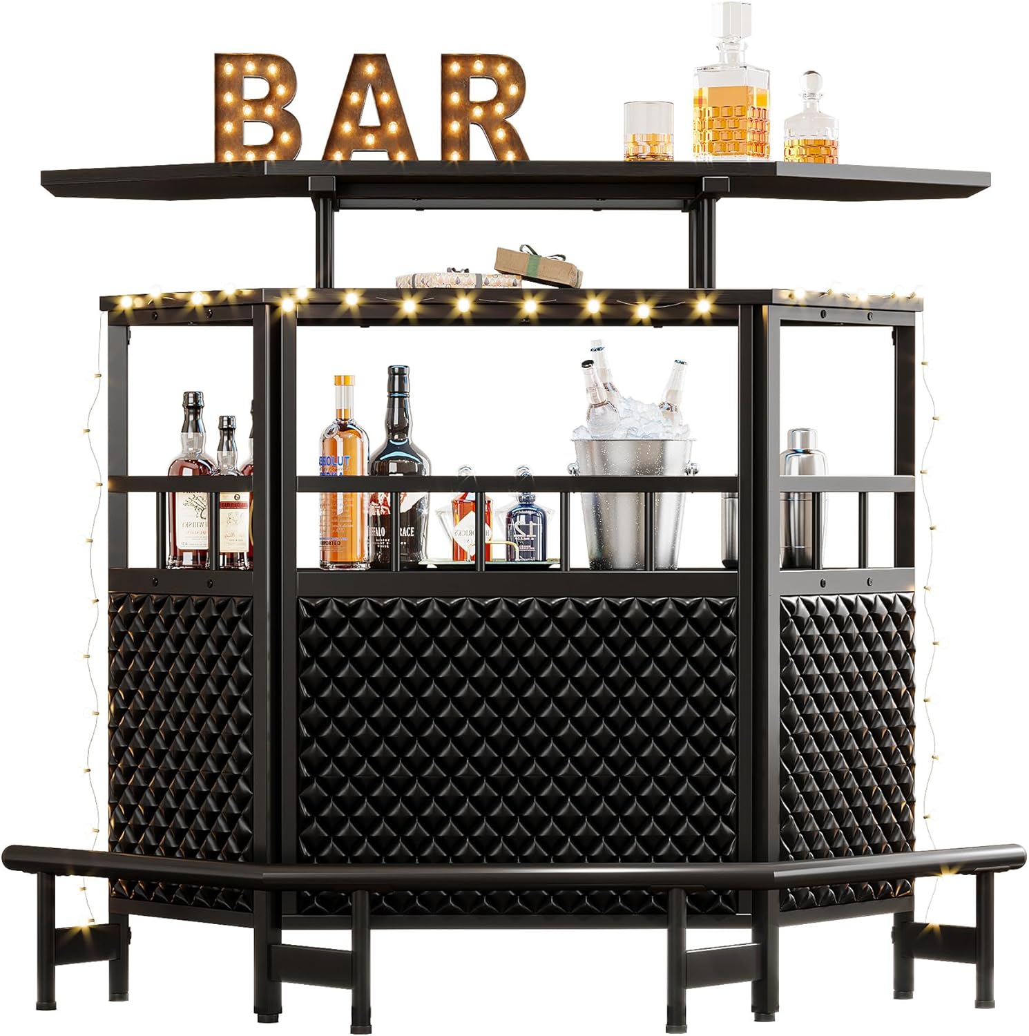 Bar Unit for Liquor, 4 Tier Home Bar Cabinet with Stemware Rack, Storage Shelf and Footrest, 47.24" L x 20.86" W x 43.3" H, Black