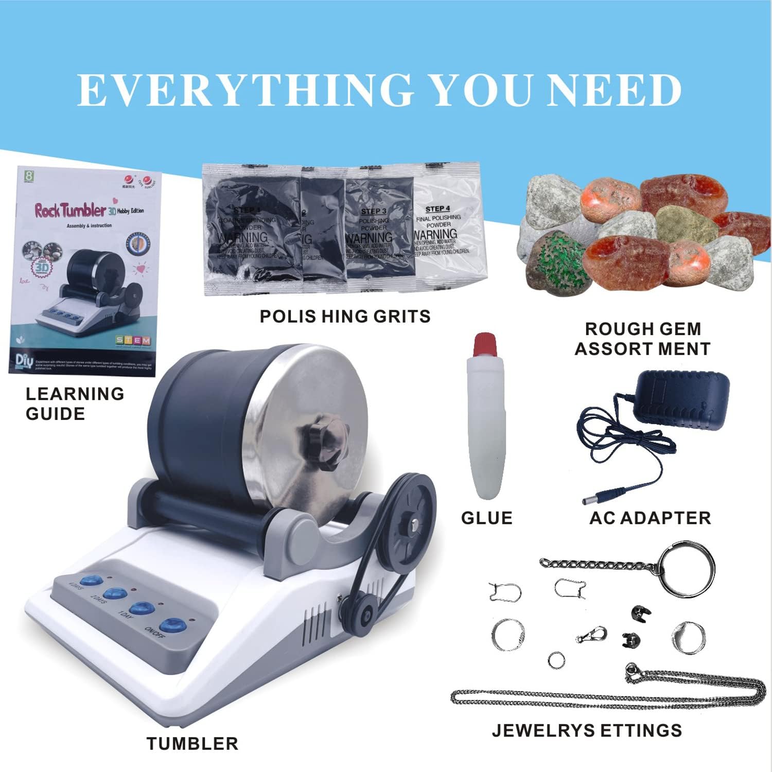 Rock Polisher Tumbler Kit with Rough Stones and Polishing Sands L16014