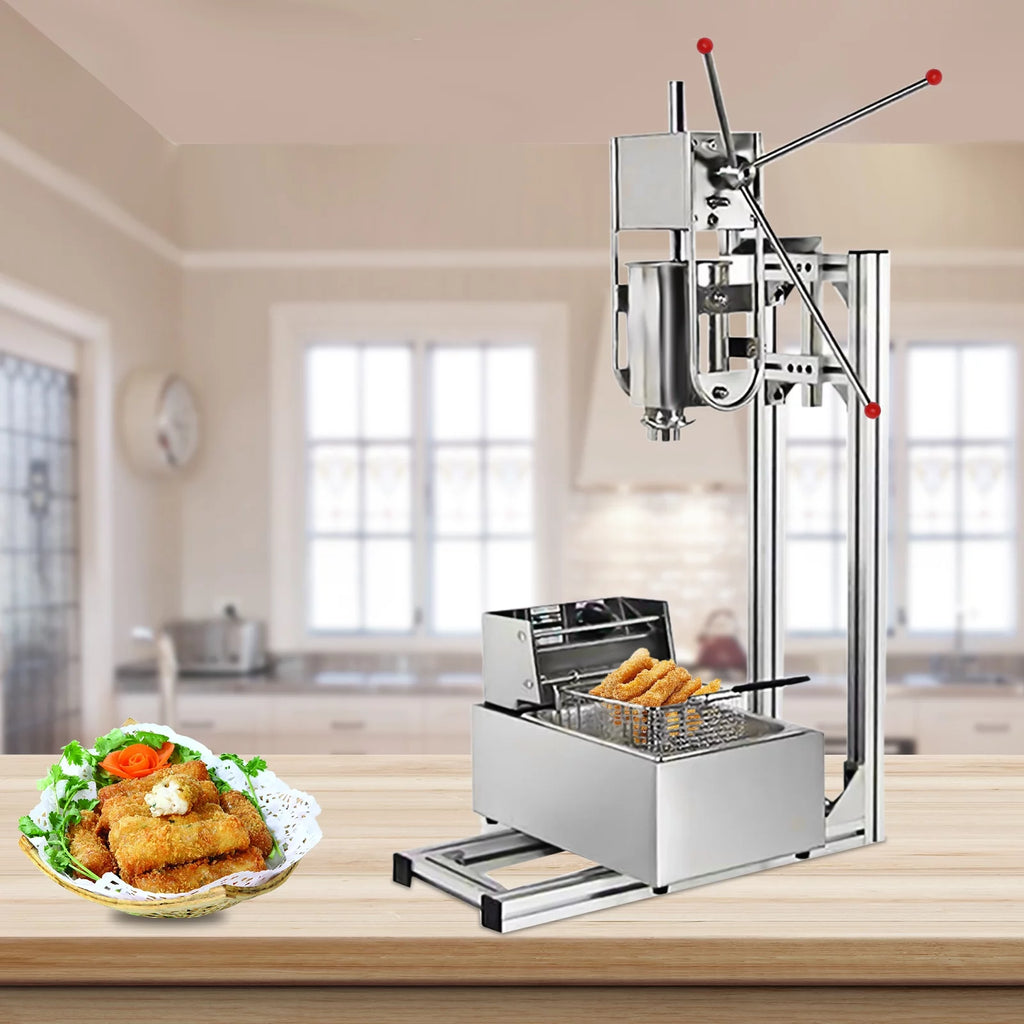 Miumaeov Churros Machine Manual Stainless Steel Vertical Sausage Stuffer with 12L Fryer G5601