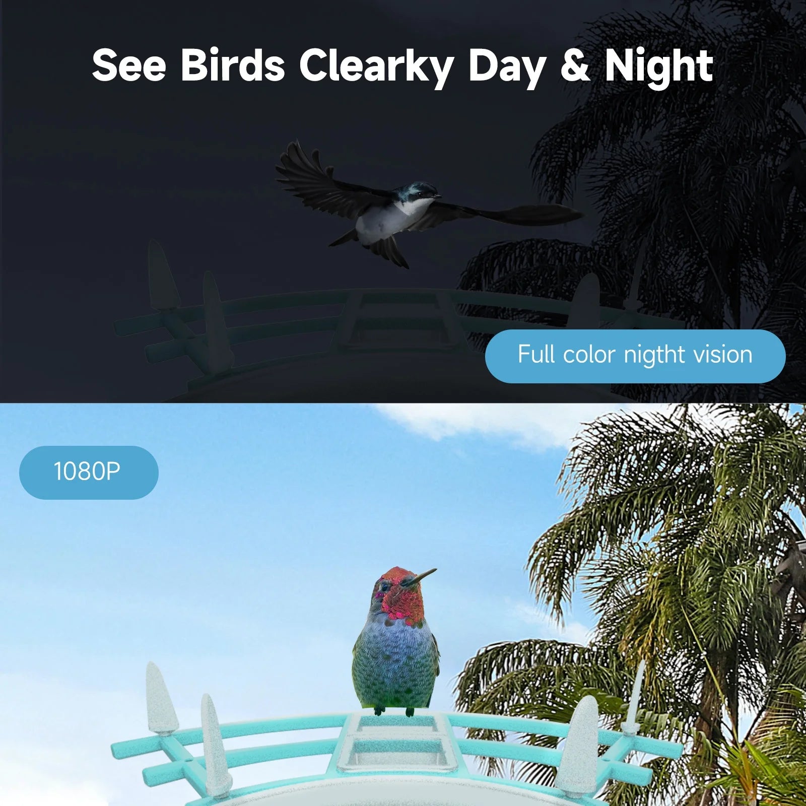 Smart Bird Feeder with Camera Solar Powered 1080P WiFi Waterproof S736795
