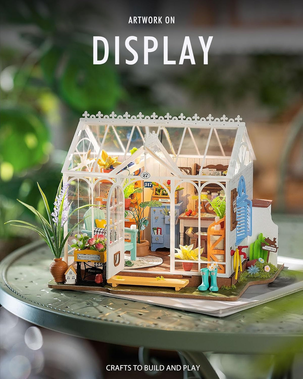 Rolife DIY Miniature Dollhouse Kit, Greenhouse Diorama with LED, Dreamy Garden S136