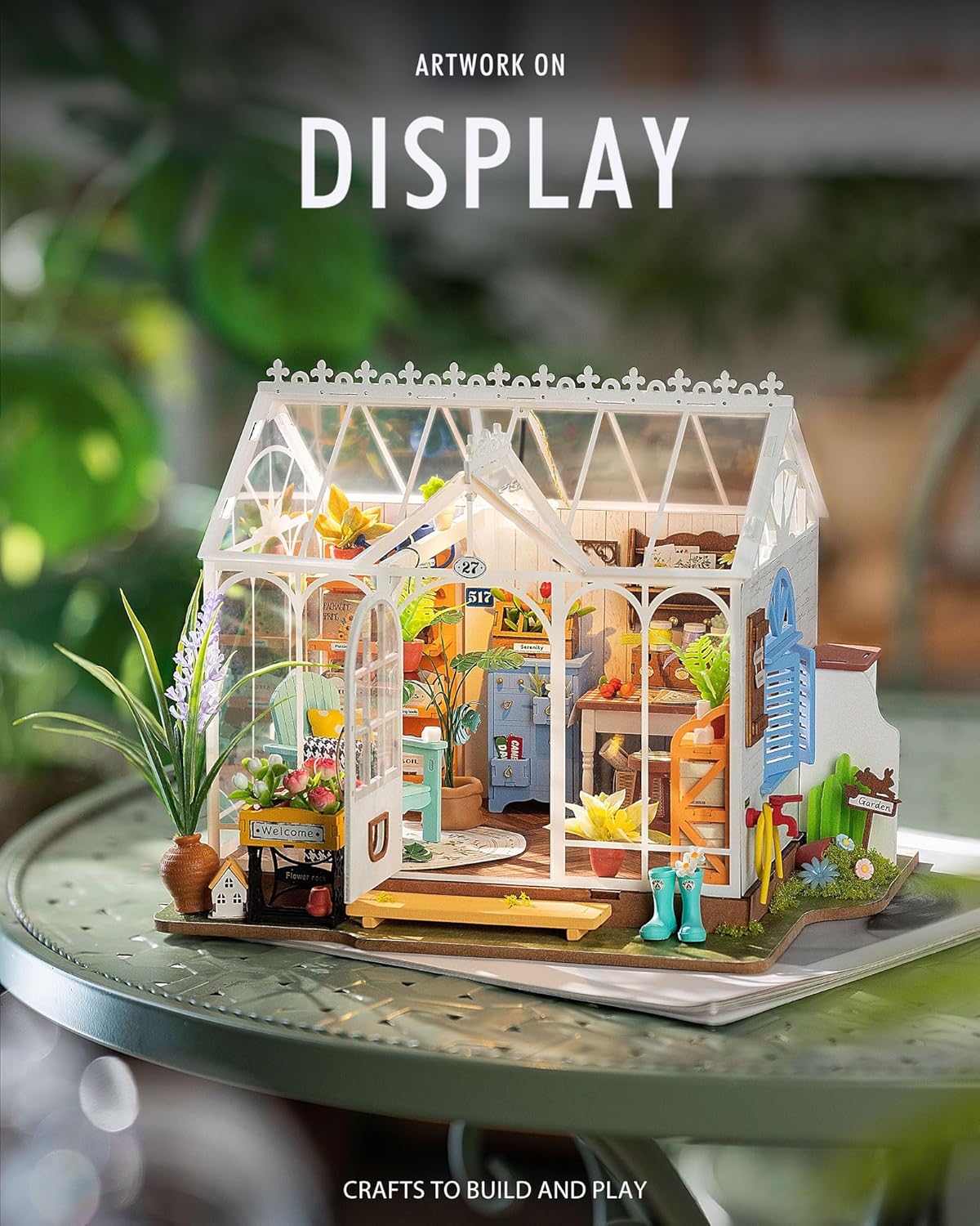 Rolife DIY Miniature Dollhouse Kit, Greenhouse Diorama with LED, Dreamy Garden S136