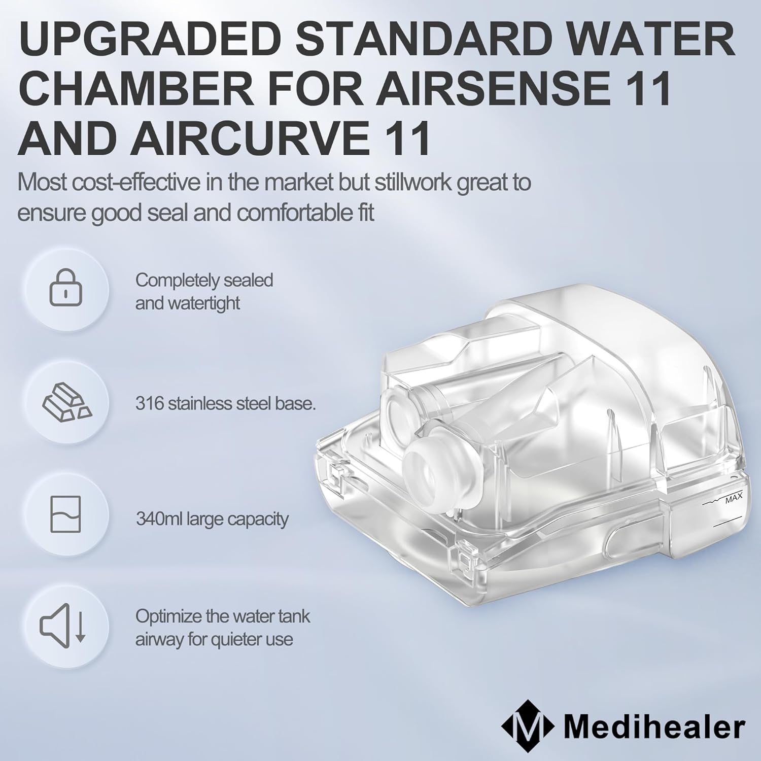 Improved Water Chamber for Air Sense 11, HumidAir Tub for S11 Series, 380ml, by Medihealer Q48729