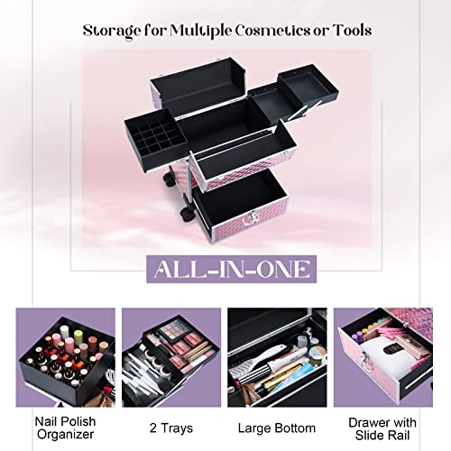 Adazzo Professional Rolling Makeup Case for Makeup Artists Cosmetic Train Case D974