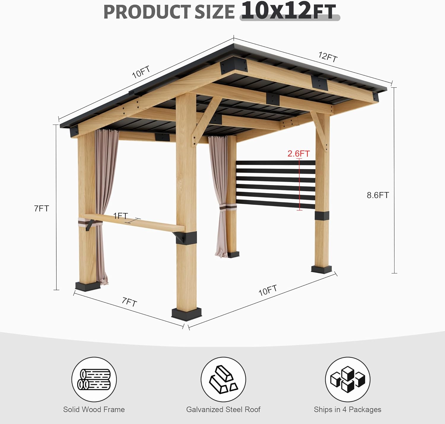 Wood Gazebo 10' x 12' Hardtop Cedar with Metal Roof and Curtains Q79687