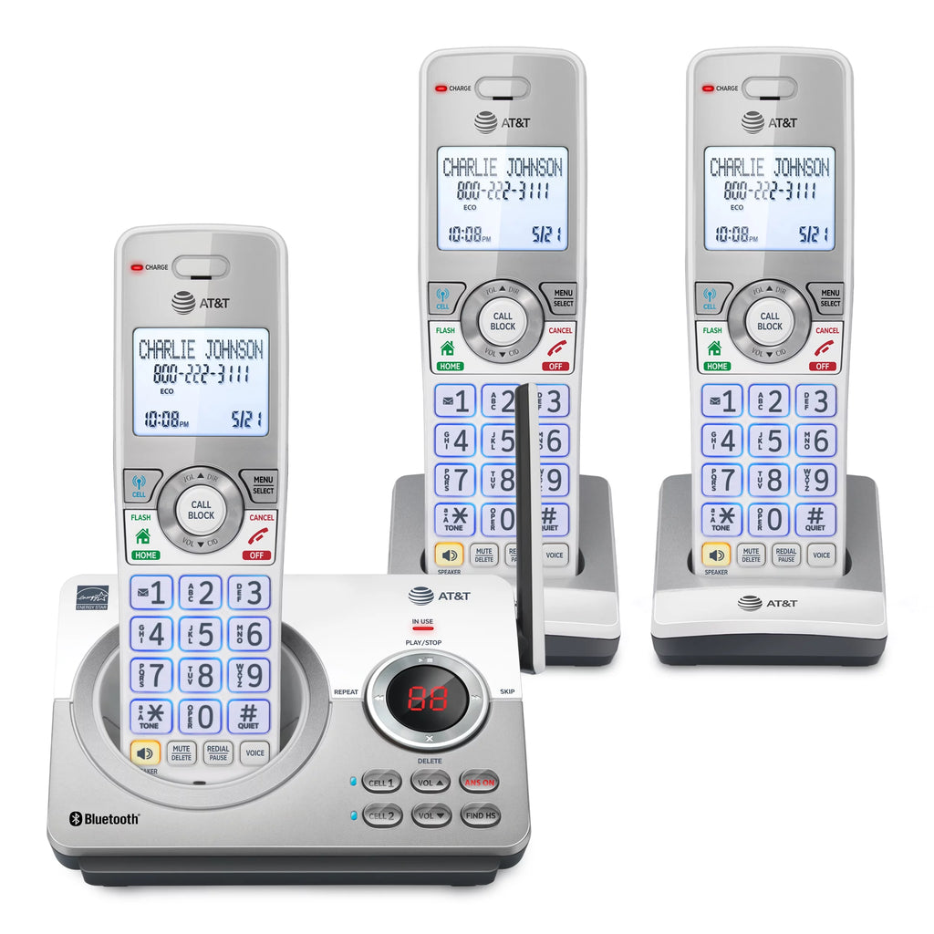 AT&T DL72310 3 Handset Expandable Cordless Phone with Unsurpassed Range, Bluetooth Connect to Cell, Smart Call Blocker and Answering System.  (White/Silver)