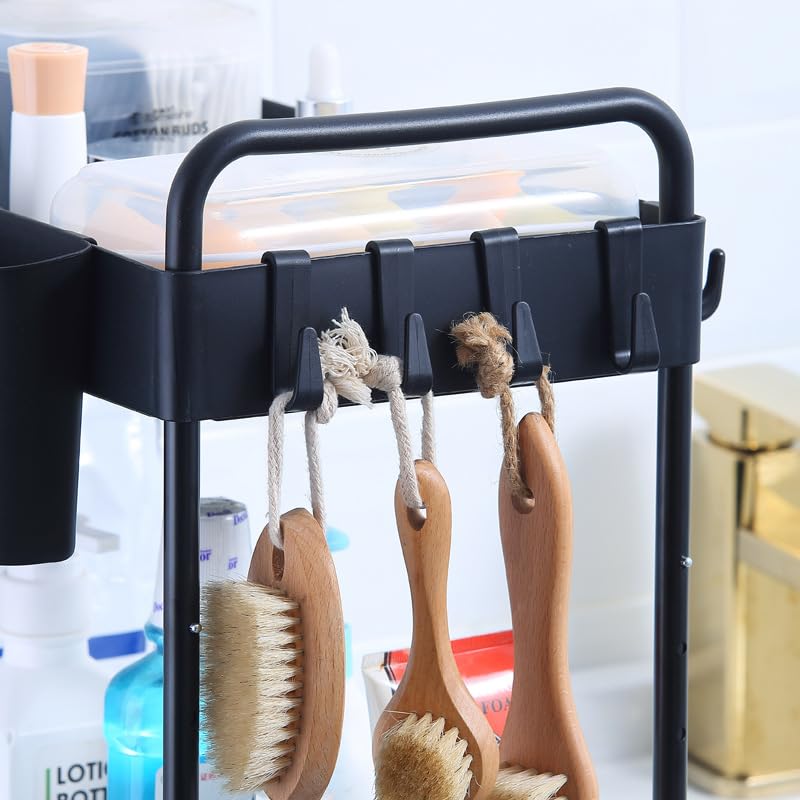 2 Pack Double-Layer Under Sink Organizer with Sliding Shelf, 4 Hooks and Cup Slot (Black) Y477401