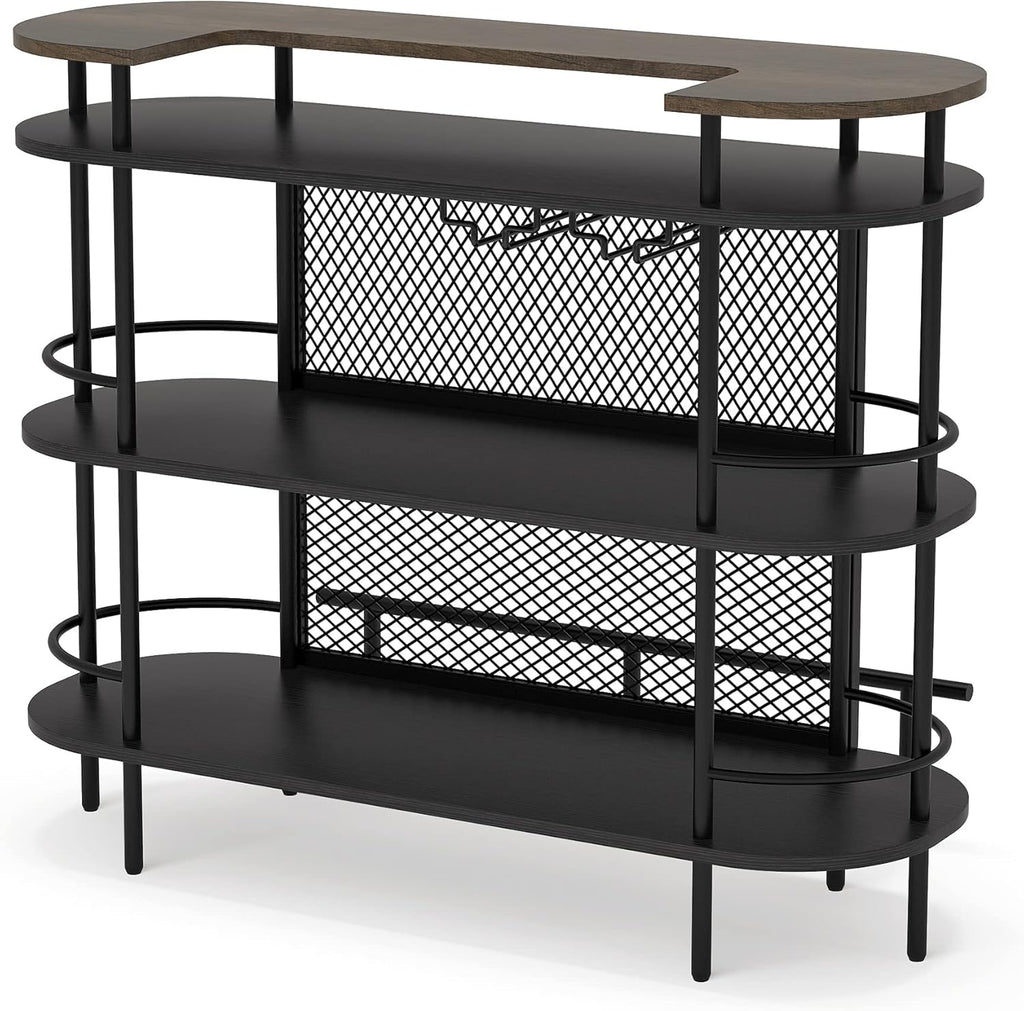 4 Tier Bar Cabinet with Storage Shelves, Foot Rail and Wine Glasses Holder, Black and Walnut Z731