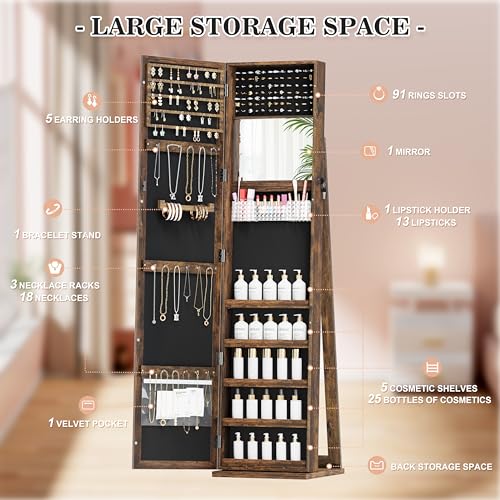 Lockable Jewelry Cabinet with Full-Length Mirror, Brown M5566