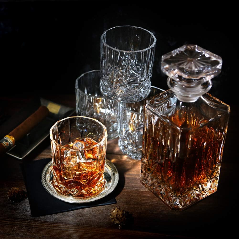 ELIDOMC 5PC Italian Glass Whiskey Decanter Set with 4 Old Fashioned Glasses A4691