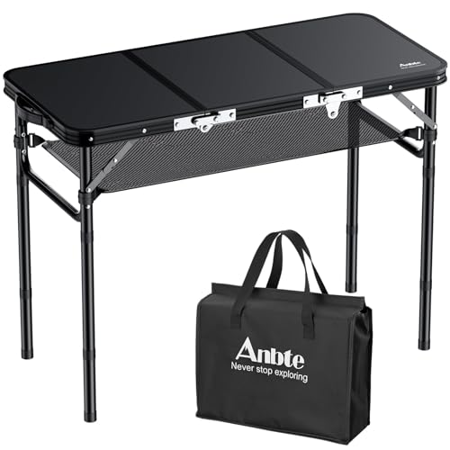 Folding Camping Table, 3ft Small Folding Table Portable 3 Adjustable Height Max 27.5" Aluminum Camping Table with Storage Net, Portable Table for Outdoor Backyard BBQ Picnic Beach