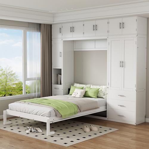 Harper & Bright Designs Full Size Murphy Bed with Lockers and Wardrobes, White N46034