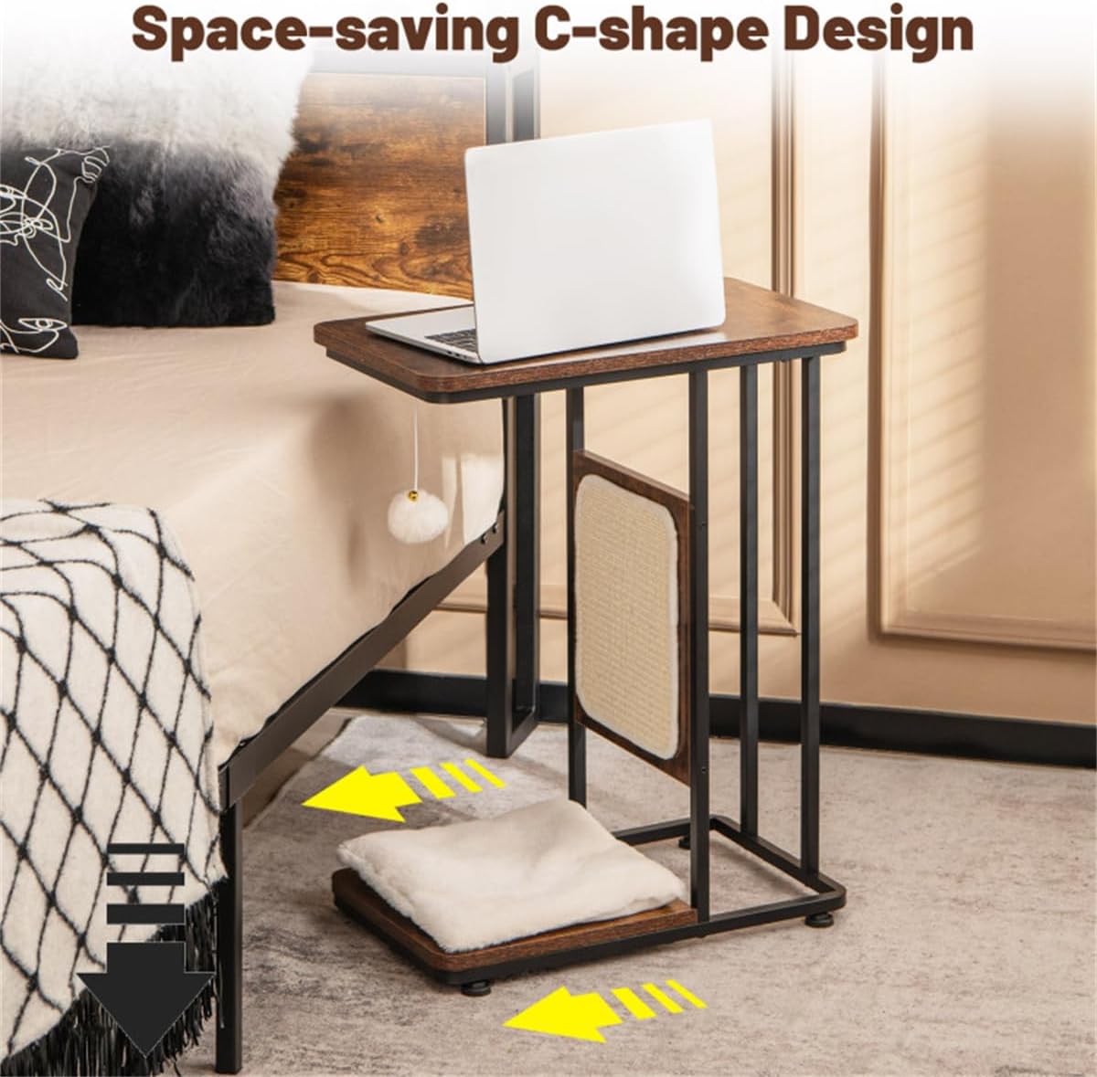 Cat End Table with Scratching, Industrial Style Nightstand M569
