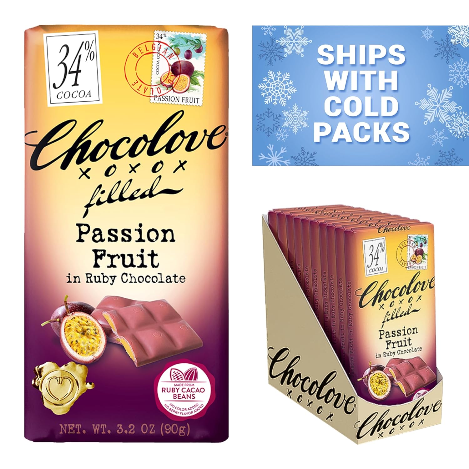 Chocolove Premium Ruby Chocolate with Passion Fruit Essence | 34% Cocoa | Vibrant & Luscious | Crafted with Ruby Cocoa Bean | No Added Food Coloring, | Gluten-Free, 3.2 oz Bar (10 Pack)