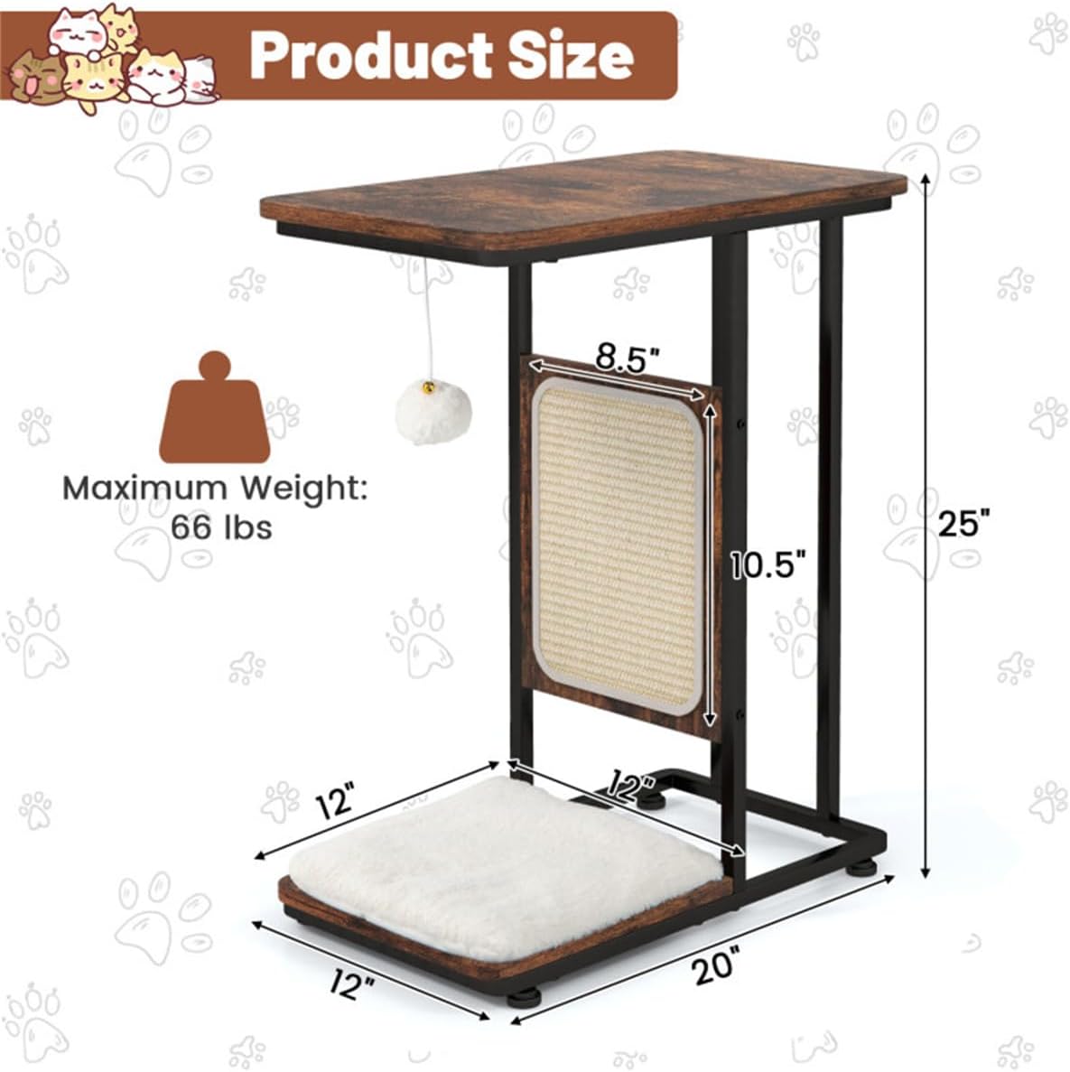 Cat End Table with Scratching, Industrial Style Nightstand M569