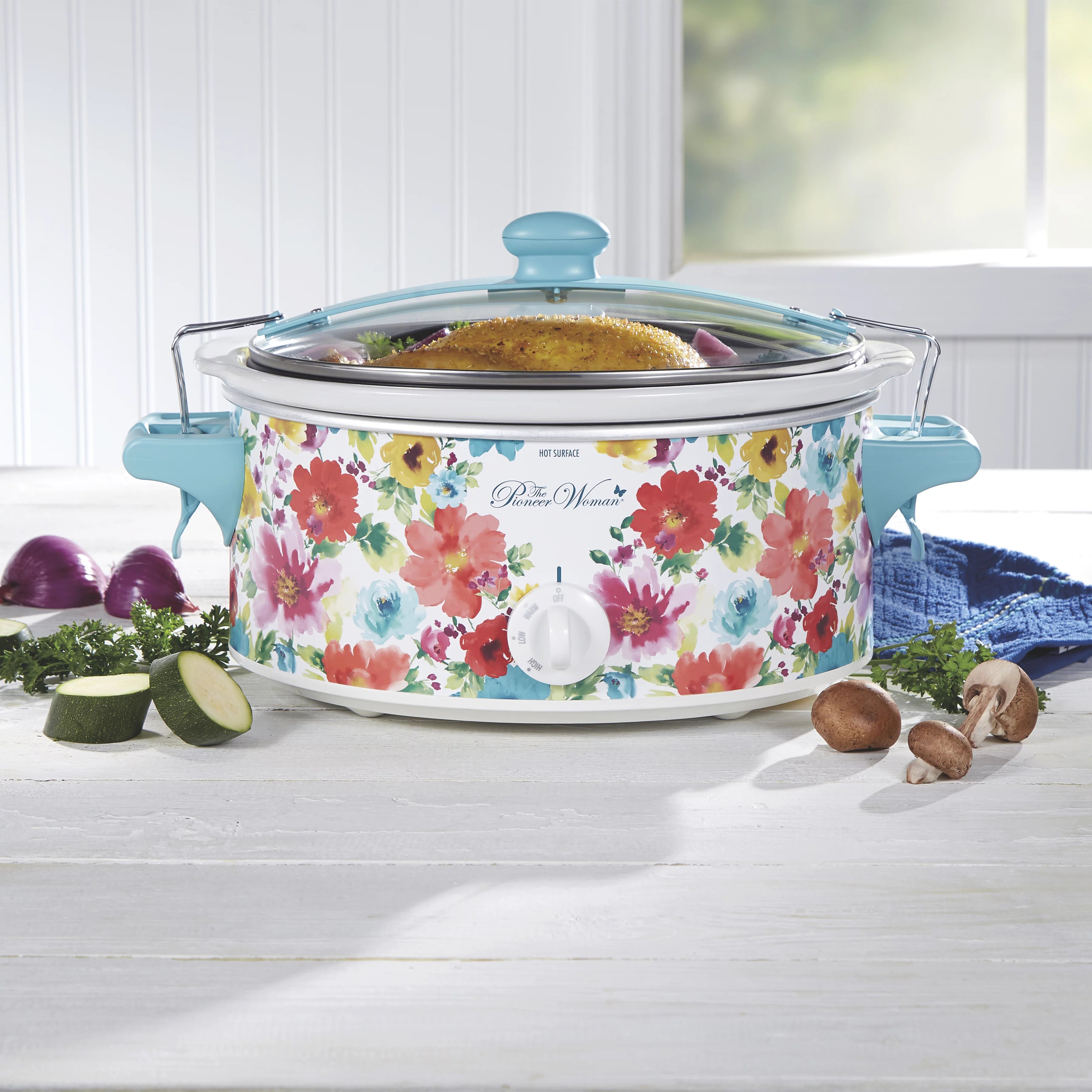 Pioneer Woman Portable Slow Cooker, 6 Quart, Removable Crock, Breezy Blossom D810317