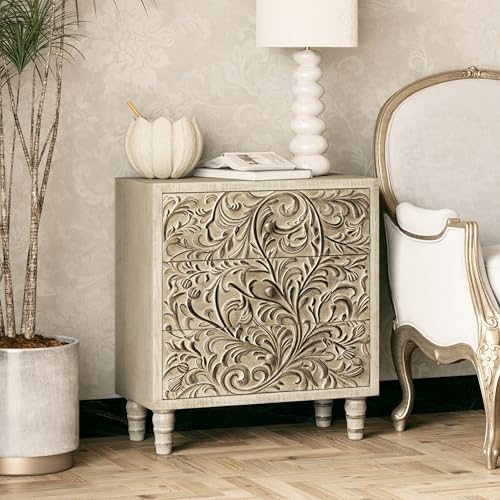 LONYKE 3 Drawer Farmhouse Dresser with Embossed Flower Motif, Weathered White P4937