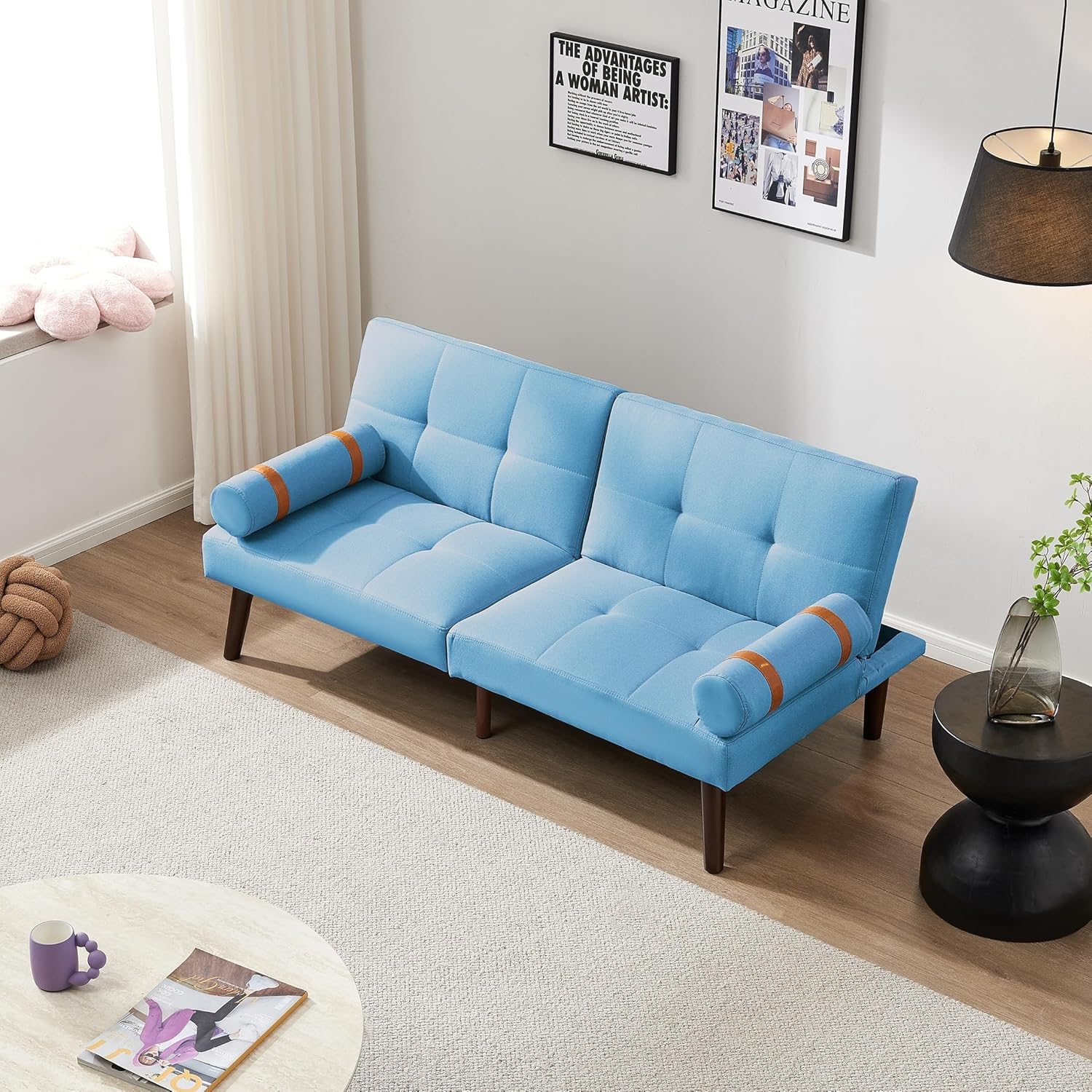 Linen Futon Sofa Bed Convertible Sleeper with Solid Wood Legs Blue N1687