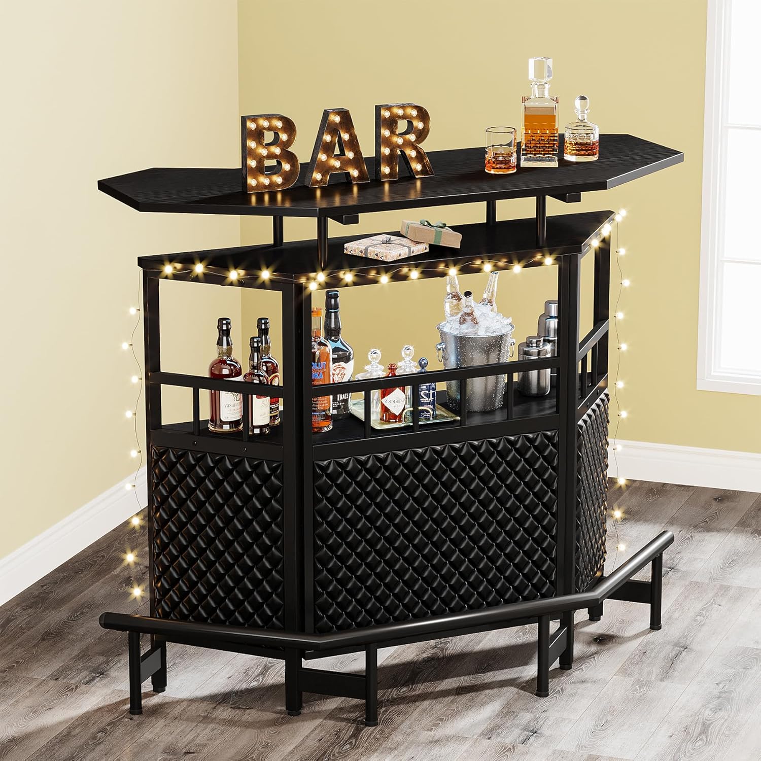 Bar Unit for Liquor, 4 Tier Home Bar Cabinet with Stemware Rack, Black Q2108