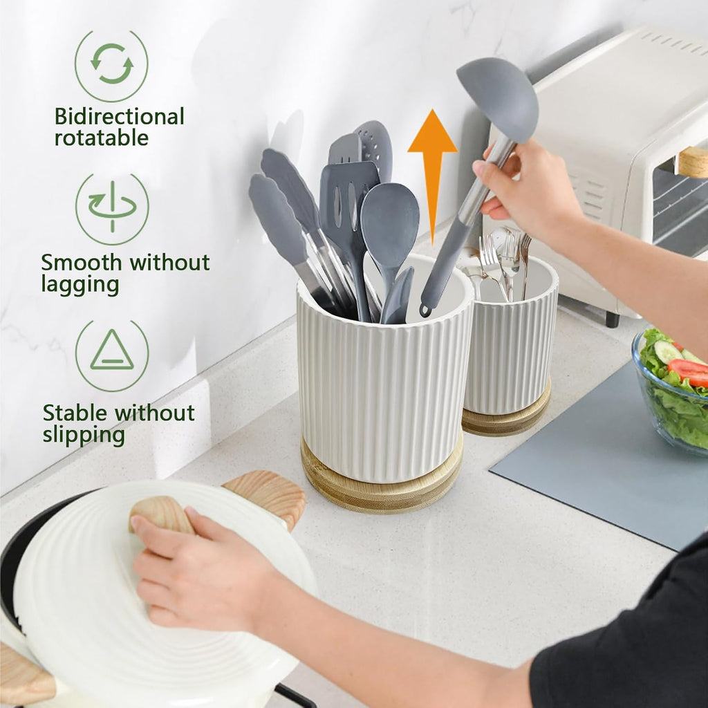 Utensil Holder, 360° Rotating Ceramic Kitchen Organizer, White, Set of 2 V996