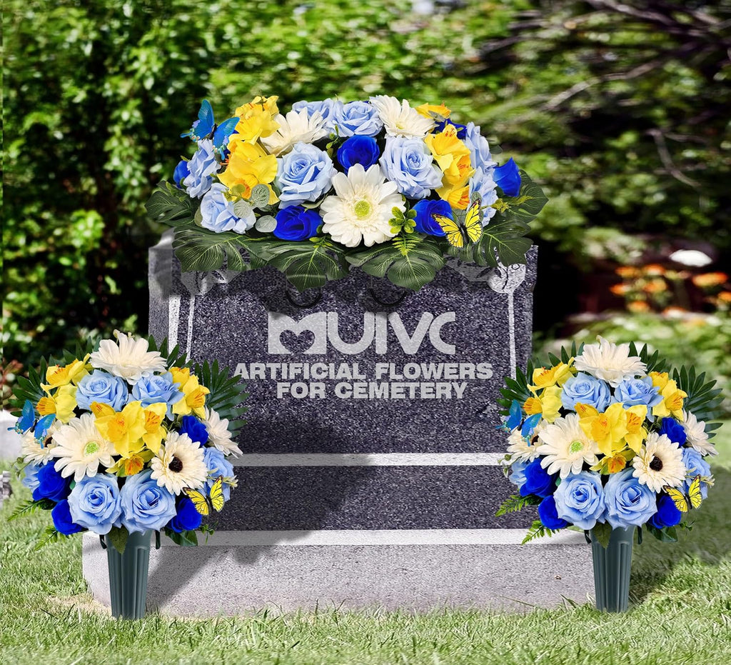Artificial Cemetery Flowers for Grave with Headstone Vase and 2 Butterflies, Blue/White/Yellow V693110