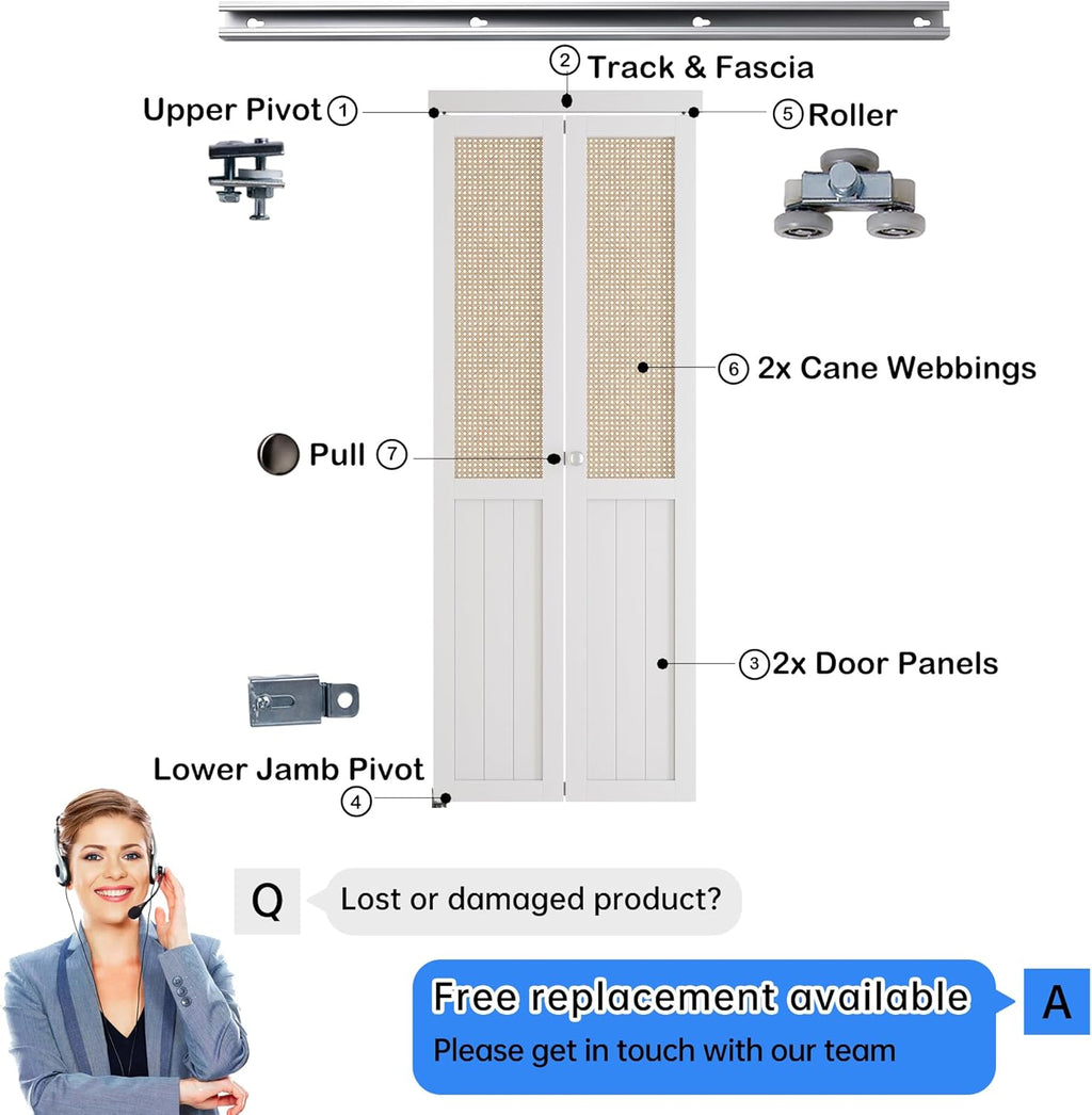 BARNER HOME Cane Bi-fold Doors 72"x 80" Double Door with Hardware, MDF White I741298