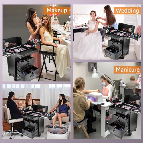 Yokilly Rolling Makeup Train Case, Aluminum Cosmetic Trolley with Swivel Wheels, Black B7317