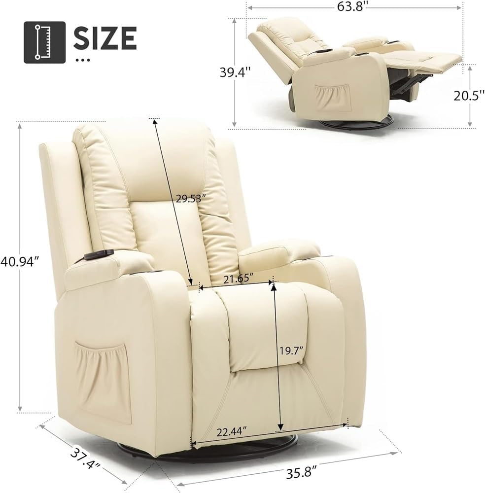 Deluxe Lazy Boy Recliner Chair Massage Rocker with Heated PU Leather, Cream H221888