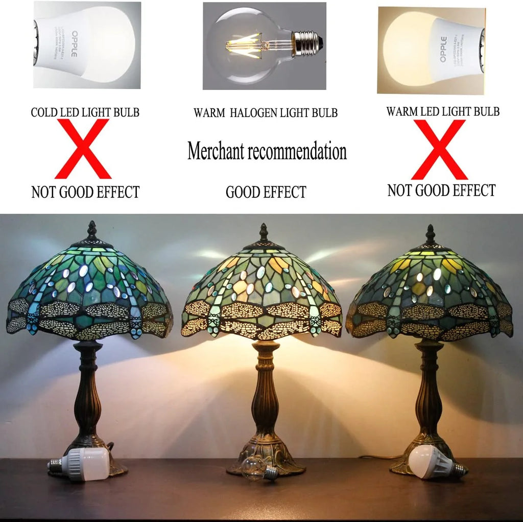 Tiffany Stained Glass Table Lamp with Metal Base, Sea Blue Dragonfly Style, 24" Tall, WERFACTORY LED Bulb Included K398