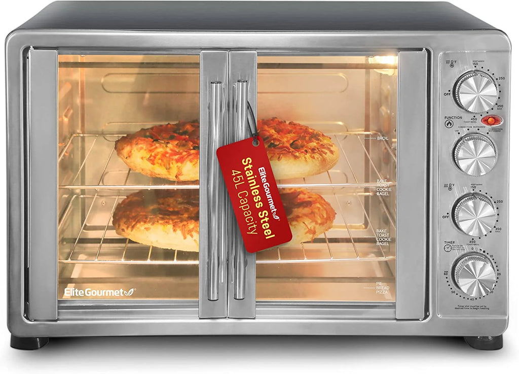 French Door 47.5Qt, 18-Slice Convection Oven 4-Control Knobs, Bake Broil Toast Rotisserie Keep Warm, Includes 2 x 14" Pizza Racks,