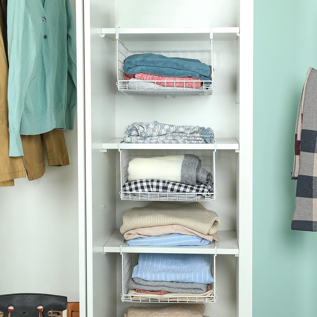 3-Tier Under Closet Shelf Basket Hanging Storage Organizer with Hooks G131