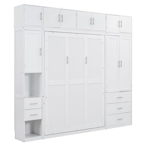 Harper & Bright Designs Full Size Murphy Bed with Lockers and Wardrobes, White N46034