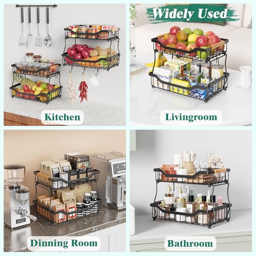 3 Tier Countertop Fruit Basket for Kitchen with Banana Hangers, Black V979701