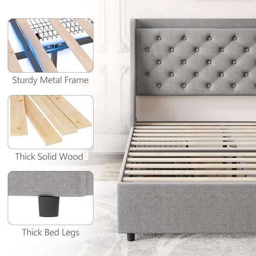 Queen Bed Frame with 4 Storage Drawers, USB Charging Station, Upholstered Wingback Headboard I776