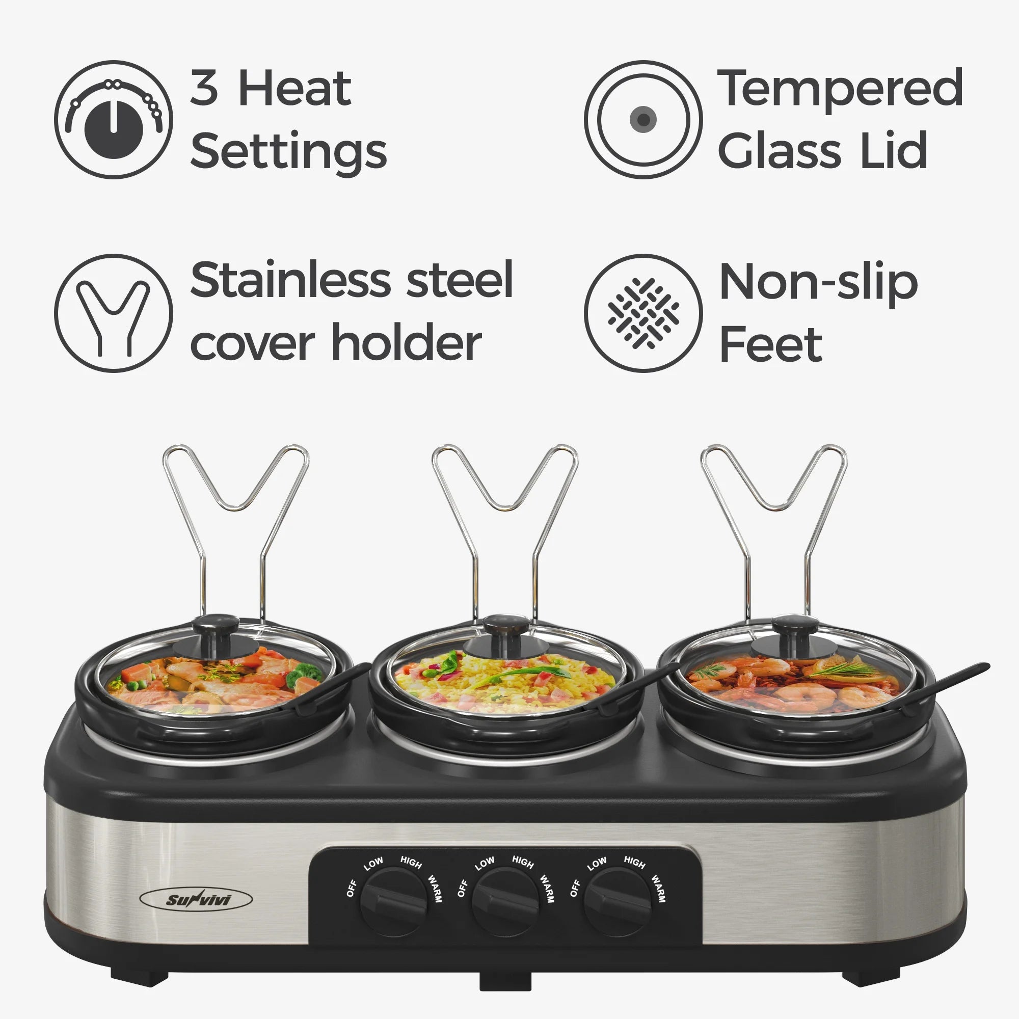 Triple Slow Cooker with 3 Spoons, 3 Pot 1.5 Quart, Stainless Steel O688