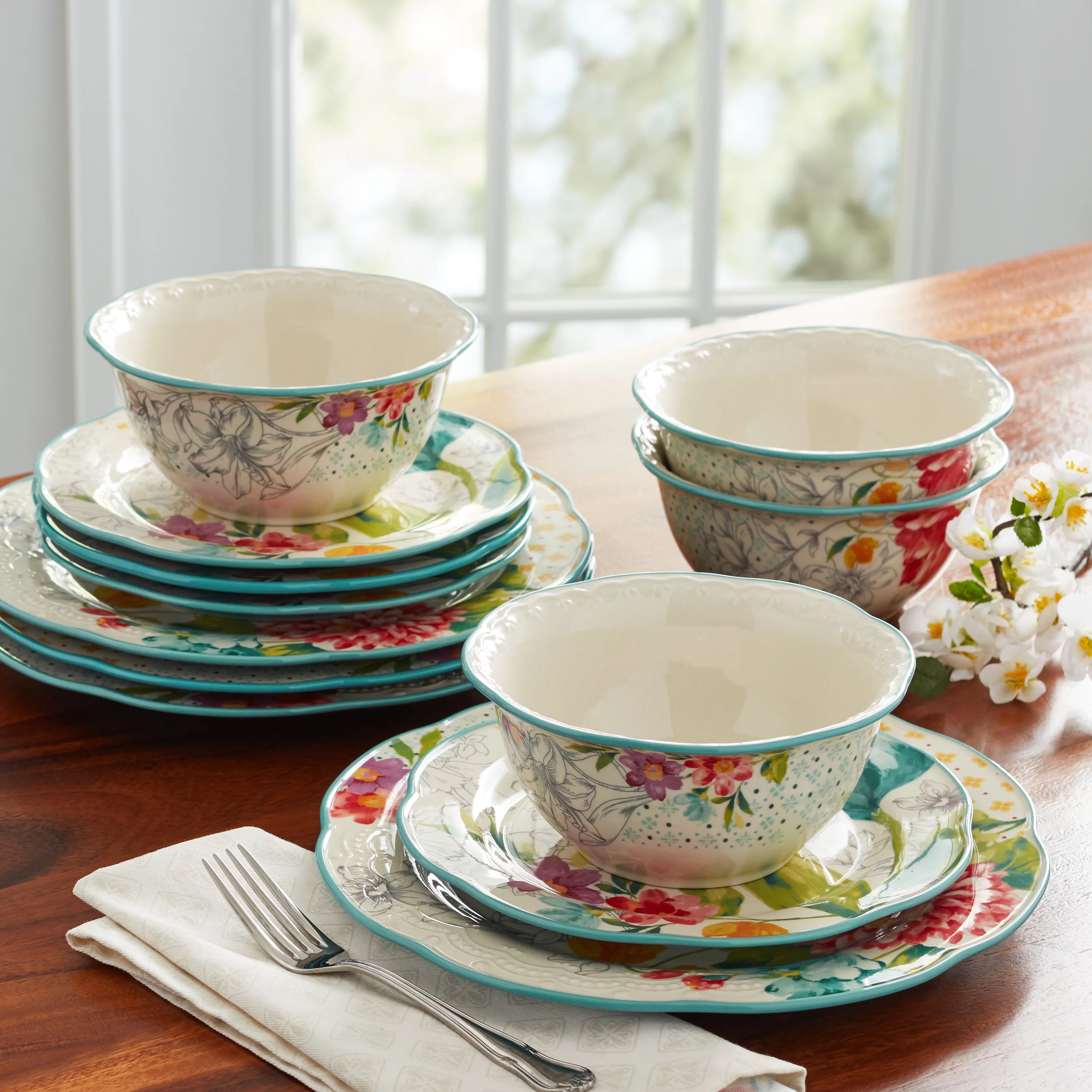 The Pioneer Woman Blooming Bouquet White Ceramic 12-Piece Dinnerware Set W31027