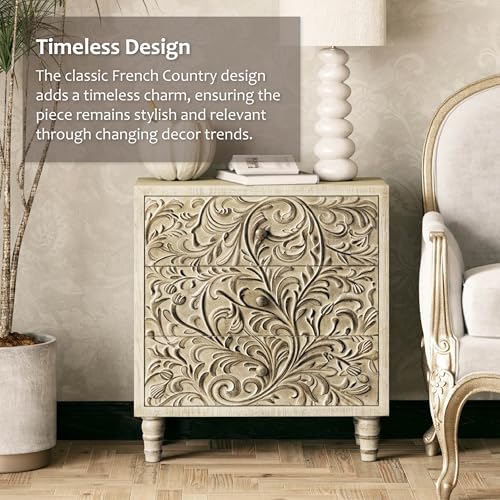 LONYKE 3 Drawer Farmhouse Dresser with Embossed Flower Motif, Weathered White P4937