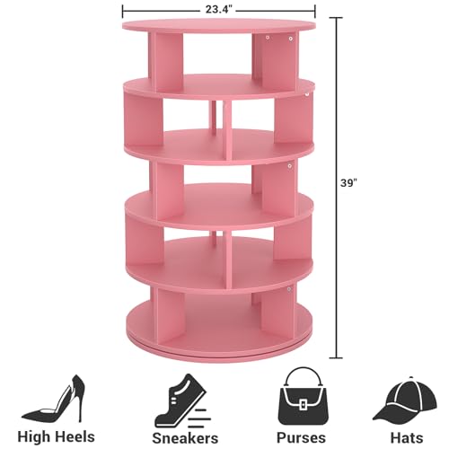 Aheaplus Rotating Shoe Rack, 5-Tier Wood Shoe Organizer, 360° Spinning, Pink O13204