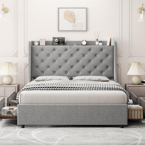 Queen Bed Frame with 4 Storage Drawers, USB Charging Station, Upholstered Wingback Headboard I776