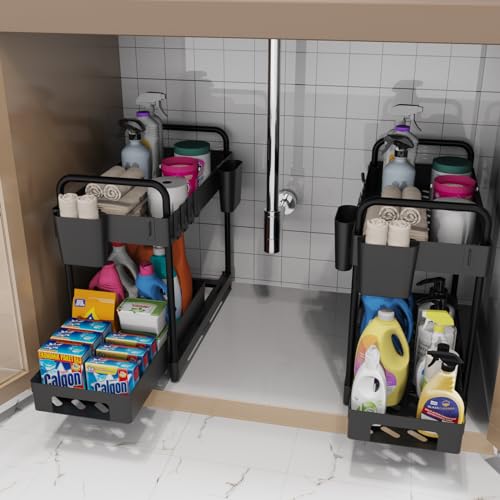 2 Pack Double-Layer Under Sink Organizer with Sliding Shelf, 4 Hooks and Cup Slot (Black) Y477401